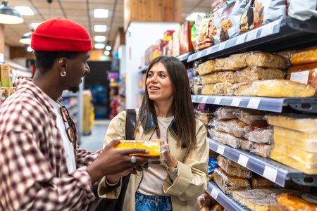 Diverse young couple looking at each other, one holding a packaged baked good while standing in a busy supermarket aisle, engaging in food choice and daily shoppingの写真素材