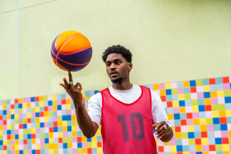 Young black man in sportswear displaying impressive skill while balancing a colorful basketball on his finger, focusing intently against a vibrant, playful backgroundの写真素材