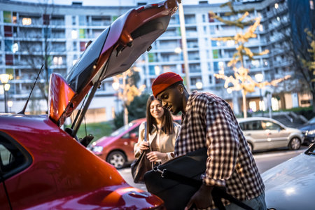 Diverse couple packing a bag into the open trunk of a red car, preparing for a trip in an urban setting during early evening, smiling and enjoying a shared lifestyleの写真素材