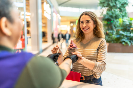 Woman with a beaming smile receiving a cup of delicious ice cream from a gloved vendor, enjoying a sweet treat and excellent customer service during her shopping trip at the modern mallの写真素材