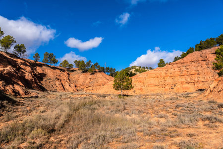 Las arcillas natural park in teruel shows vivid red clay badlands and eroded canyons topped with scattered pine trees under a bright blue sky with white clouds, arid scenic terrainの写真素材