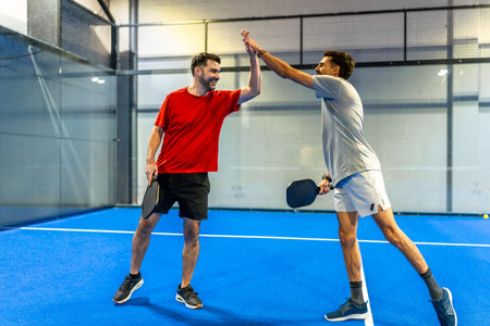 Male pickleball players celebrating victory and sportsmanship, high fiving on an indoor court after...