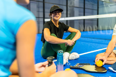 Young female athlete wearing a visor and athletic wear, sitting cross legged on a bright blue pickleball court, taking a break with teammates and holding equipment after playingの写真素材