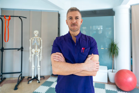 Confident male physiotherapist or osteopath standing with arms crossed in clinic, providing...