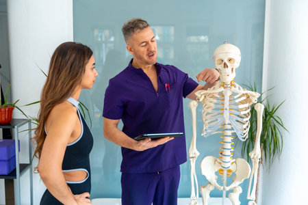 Physiotherapist in purple scrubs pointing at a human skeleton model to a female patient, explaining...