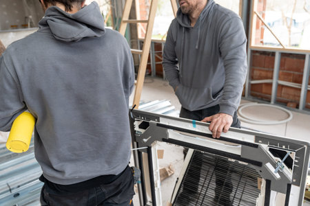 Air conditioning technicians preparing to install an indoor hvac unit, ensuring proper climate...