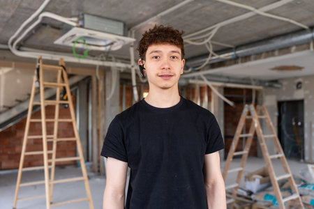 Young man wearing a bluetooth headset and black t shirt standing confidently in a building interior...