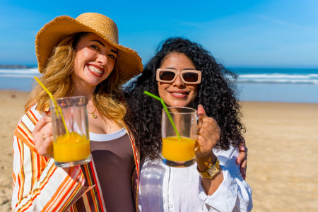 Two smiling women posing for the camera, standing together on a sandy beach holding refreshing...