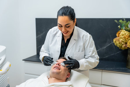 Aesthetician applying protective eyewear on a smiling man lying down during a facial treatment...