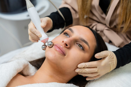 Young woman relaxing during a professional aesthetic procedure using an advanced rf lifting device...