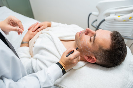 Doctor marks man's face with precise guidelines for cosmetic treatment in a modern clinic, conveying...