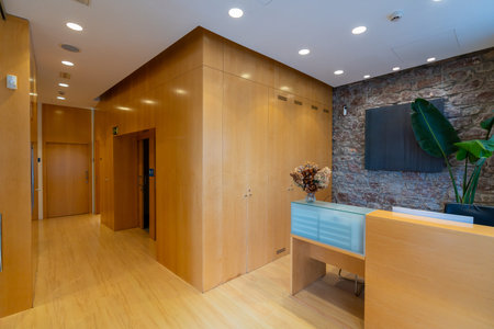 Modern reception area featuring a light wood desk, matching paneling, and an exposed stone wall for...