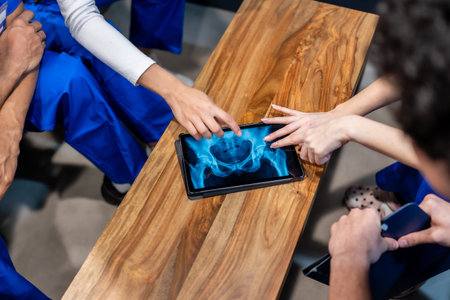 Healthcare professionals in scrubs are analyzing a hip and pelvis x ray image on a digital tablet,...