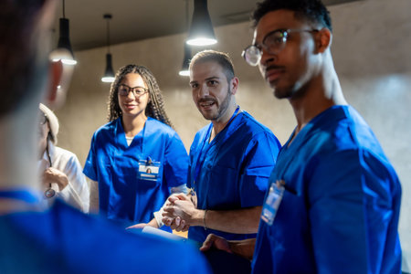 Multi ethnic medical team in blue scrubs and a physician in a white coat collaborating and...