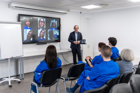 Diverse medical students in a classroom watching an instructor present while connecting with remote...