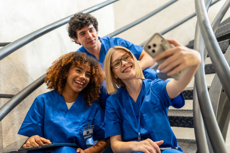 Three smiling medical students in blue scrubs are taking a cheerful selfie together on a metal...