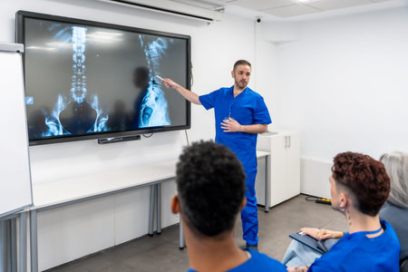 Healthcare professional in scrubs teaching a seminar, pointing to a spinal x ray displayed on a...