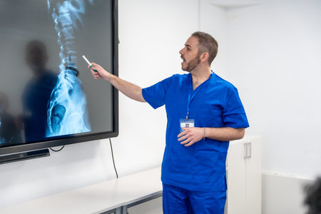 Medical professional in scrubs pointing to a large screen displaying an x ray of the human spine...