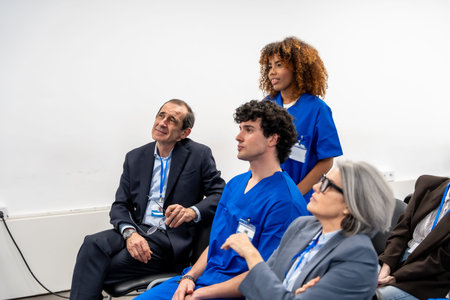 Diverse group of medical professionals and executives attentively listening and engaging during a...