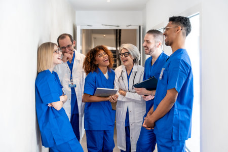 Healthcare professionals from various backgrounds smiling and laughing together during a break in a...