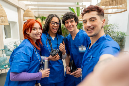 Four happy young medical students and nurse practitioners wearing blue scrubs and stethoscopes...
