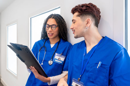 Young medical professionals wearing blue scrubs and stethoscopes, discussing information on a clipboard while standing in a brightly lit clinic hallway, collaborating on patient careの写真素材