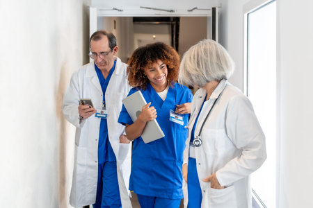 Diverse healthcare team walking a bright hospital corridor, young african american nurse with laptop smiling and talking to a senior female doctor while a male doctor checks his smartphoneの写真素材