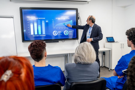 Medical professional explaining patient survival rates and treatment response data on a digital...