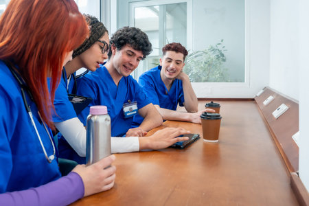Diverse group of medical and nursing students in scrubs and stethoscopes collaborating over a tablet...