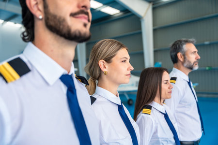 Diverse aviation crew in pilot uniforms with epaulets standing in a hangar, looking forward with confidence and determination, symbolizing teamwork, leadership and professionalism