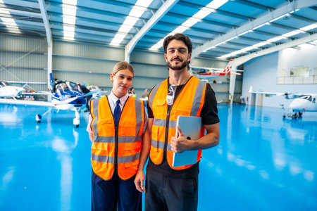 Aviation professionals in safety vests and pilot uniform smile and pose in a hangar with light aircraft, conveying teamwork, maintenance, training and aviation careers