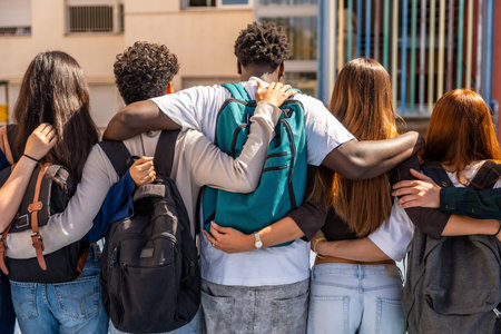 Group of diverse college students or high school teenagers wearing backpacks and embracing each other, symbolizing unity, friendship, and educational togetherness in an outdoor setting
