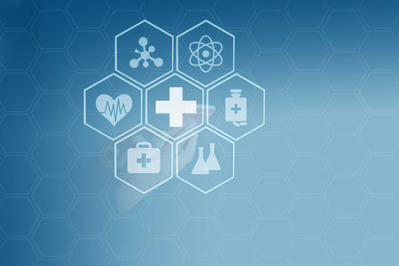 Medical background with icons on hexagons. Healthcare and medicine concept.の写真素材