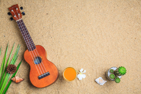 Flat lay, top view summer accessories Ukulele Orange juice with cactus and seashell on the beachの写真素材
