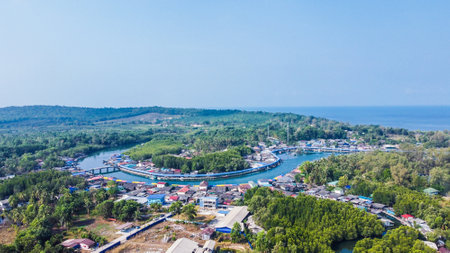 Beautiful aerial view of a tropical fishing village, Thailand.の写真素材