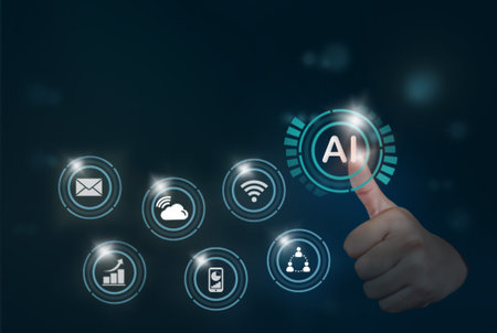 Businessman touching screen connected social media network cloud artificial intelligence or AI...
