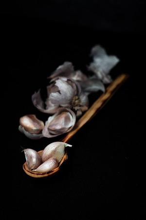 garlic on wooden spoon in low keyの写真素材