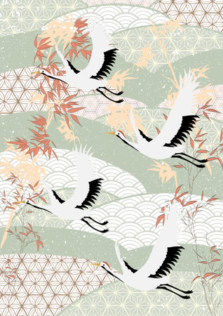 Japanese pattern with storks and autumn leaves. Seamless vector background.の写真素材