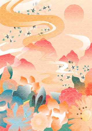 Summer Japanese pattern background with cherry blossom, clouds and sun.の写真素材