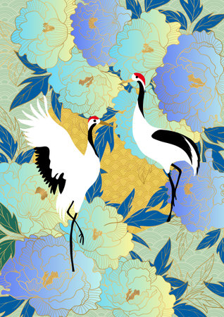 Seamless pattern with flowers and cranes. Vector illustration.の写真素材