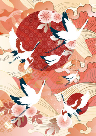 Japanese pattern with cranes and cherry blossoms. Vector illustration.の写真素材