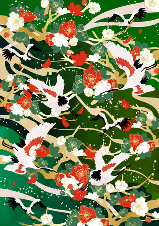 Seamless pattern with Japanese cherry blossoms and birds. Vector illustration.の写真素材