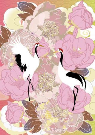 Couple of cranes and peony flowers. Vector illustration.の写真素材