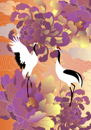 Couple of cranes on a background of flowers. Vector illustration.の写真素材