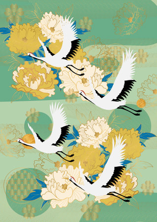 Couple of storks flying over the peony flowers, vector illustrationの写真素材