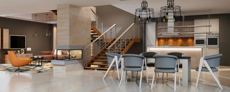 Modern house interior kitchen living room. 3D render