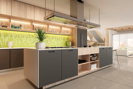 Modern interior of kitchen with living room