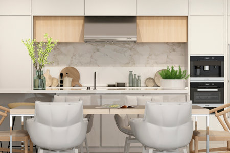 Modern interior of kitchen with living roomの写真素材