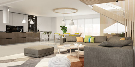Modern interior of kitchen with living room