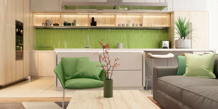 Modern interior of kitchen with living roomの写真素材